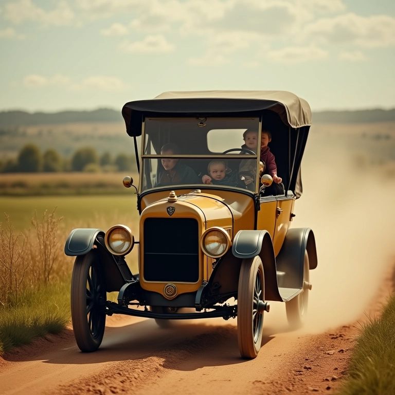 Automóvel vintage em uma estrada de terra com uma família dentro.