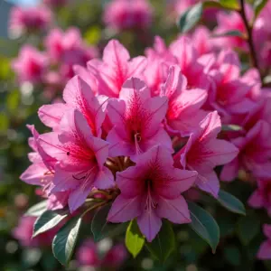 Azaleia exuberante em plena floração com flores rosa vibrantes.