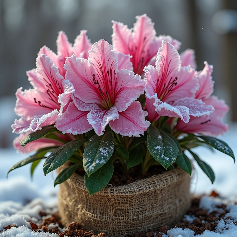 Azaleia protegida do frio durante o inverno para garantir sua sobrevivência.