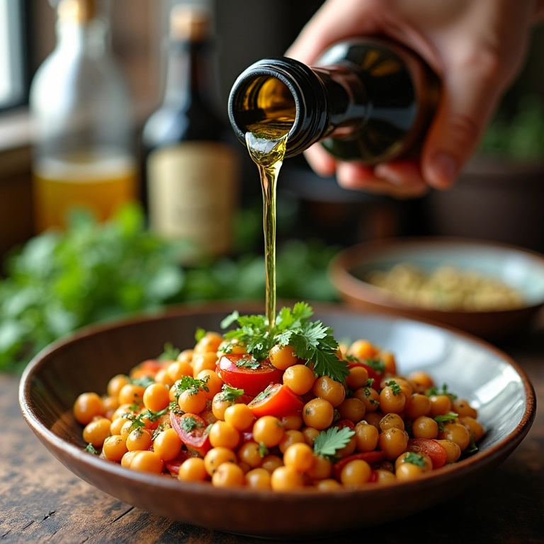 Azeite de oliva sendo derramado sobre a salada de grão de bico.