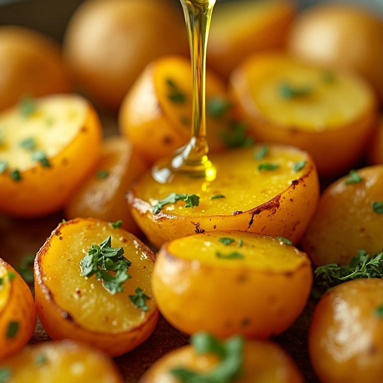Azeite e ervas sendo adicionados às batatas assadas, close-up.