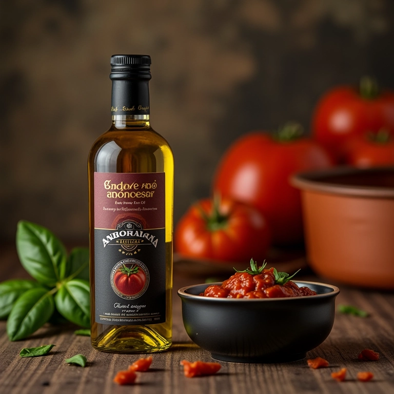 Azeite extra virgem Andorinha Seleção ao lado do molho de tomate.