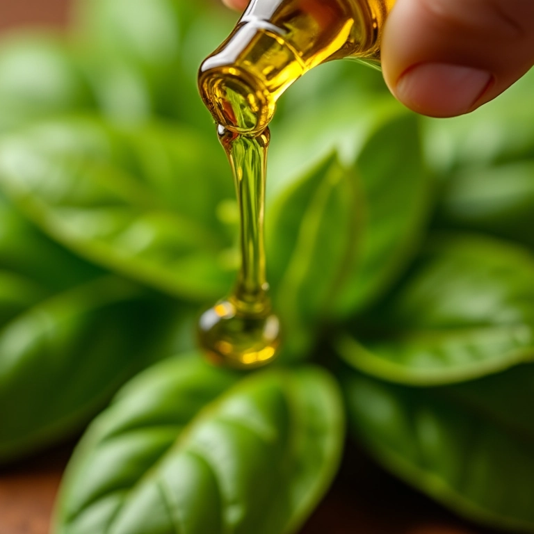 Azeite extra virgem sendo derramado sobre manjericão.