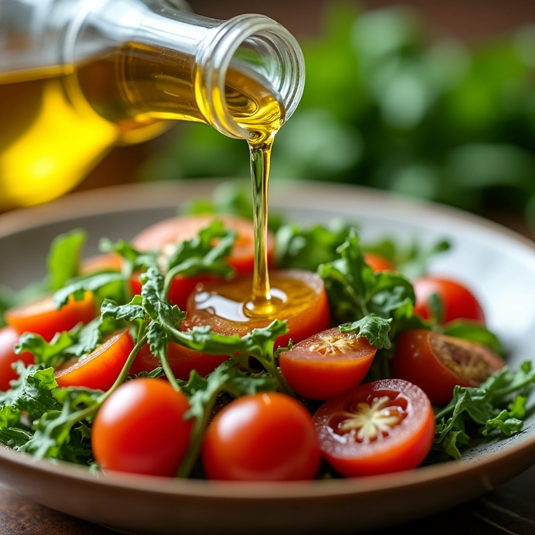 Azeite extra virgem sendo derramado sobre uma salada fresca.