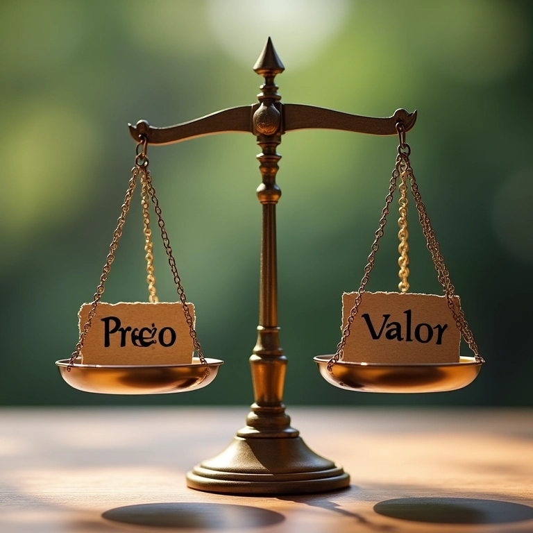 Balança com 'Preço' de um lado e 'Valor' do outro, ligeiramente desequilibrada.