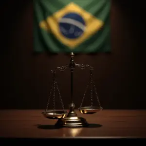 Balança da justiça em frente à bandeira do Brasil, representando o impacto da delação premiada.