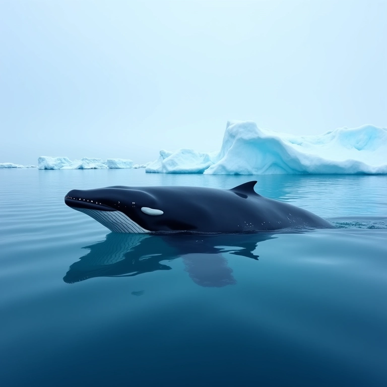 Baleia-da-Groenlândia nadando no Ártico, uma vida longa em águas geladas.