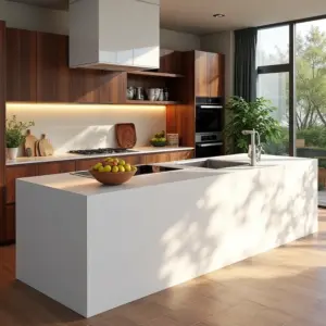 Bancada de quartzo claro em cozinha com estilo brasileiro, mostrando a durabilidade e elegância do material.
