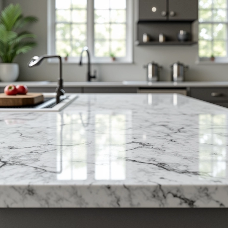 Bancada de quartzo com variedade de cores e texturas em uma cozinha estilosa, do branco clássico ao cinza moderno.