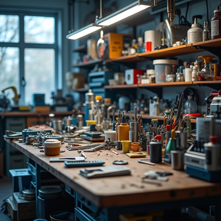 Bancada de trabalho organizada de um reparador de instrumentos musicais.