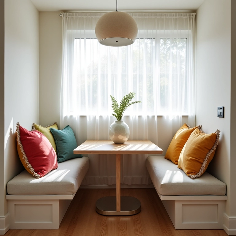 Bancos e puffs versáteis em sala de jantar pequena e moderna.