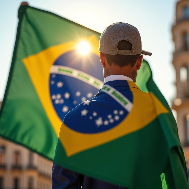 Bandeira do Brasil ao fundo com empresário feliz, representando linhas de crédito do governo.