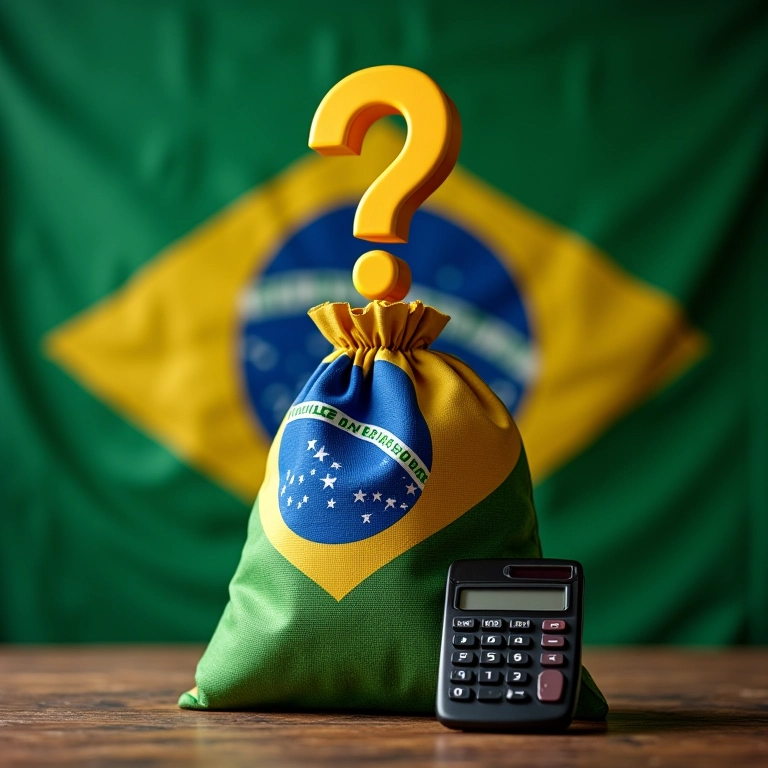 Bandeira do Brasil com saco de dinheiro e calculadora, representando impostos do MEI.