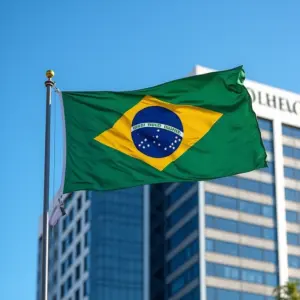 Embaixada: O Pedaço do seu País em Território Estrangeiro Bandeira do Brasil tremulando em frente a uma embaixada moderna.