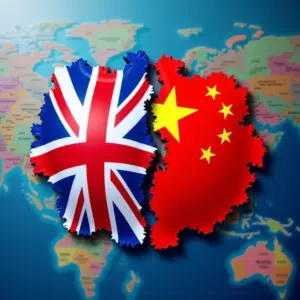 Bandeiras do Reino Unido e China sobre mapa-múndi, representando a comparação entre inglês e mandarim.