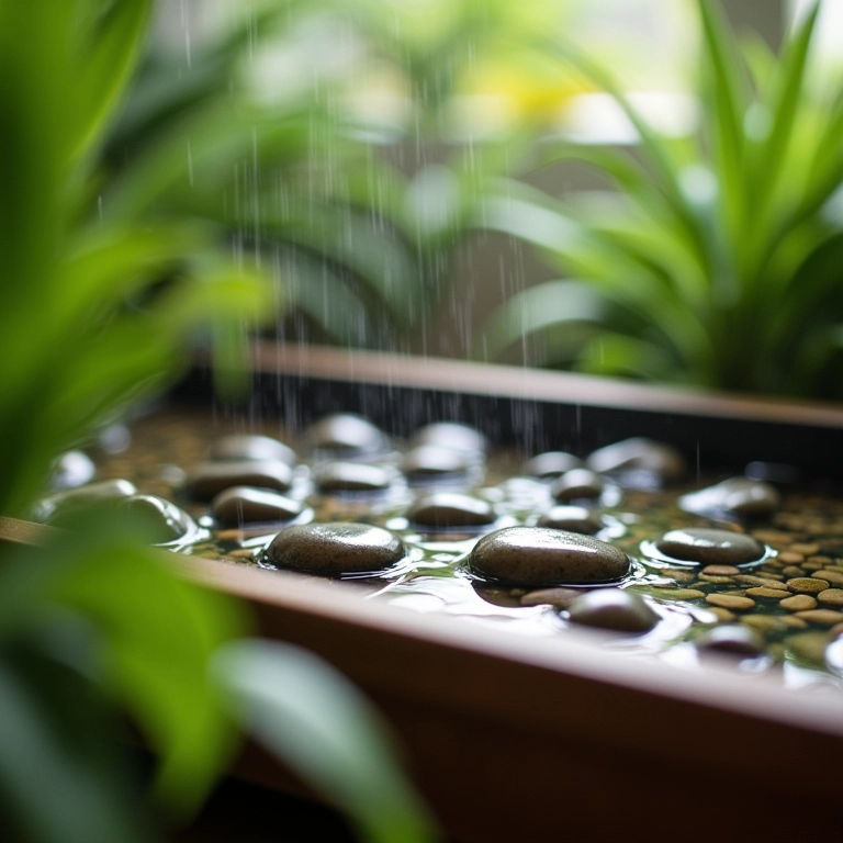 Bandeja com pedras e água rodeada por plantas, um truque simples para aumentar a umidade.