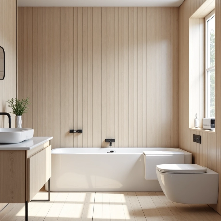 Banheiro com painéis de parede de ripado de PVC.