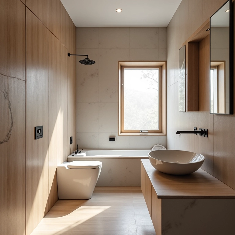 Banheiro minimalista com detalhes em madeira e pia de pedra.