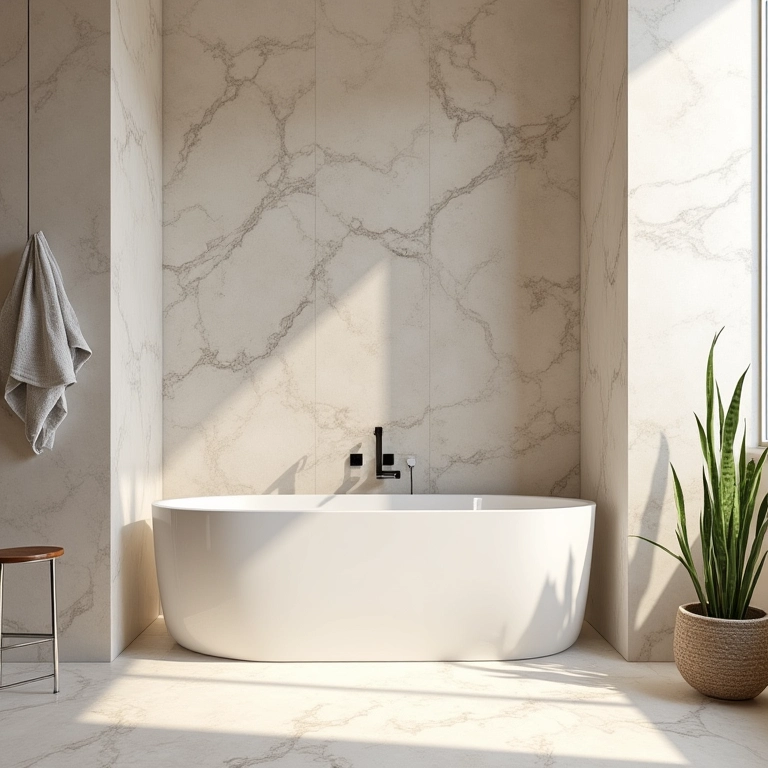 Banheiro moderno com paredes e piso em travertino, mostrando a durabilidade e beleza do material.