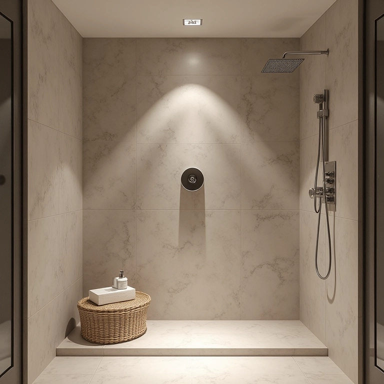 Banheiro moderno de hotel com design elegante e amenidades premium.