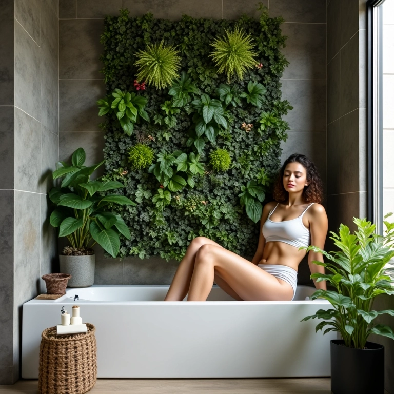Banheiro pequeno transformado em spa com jardim vertical, mulher relaxando.