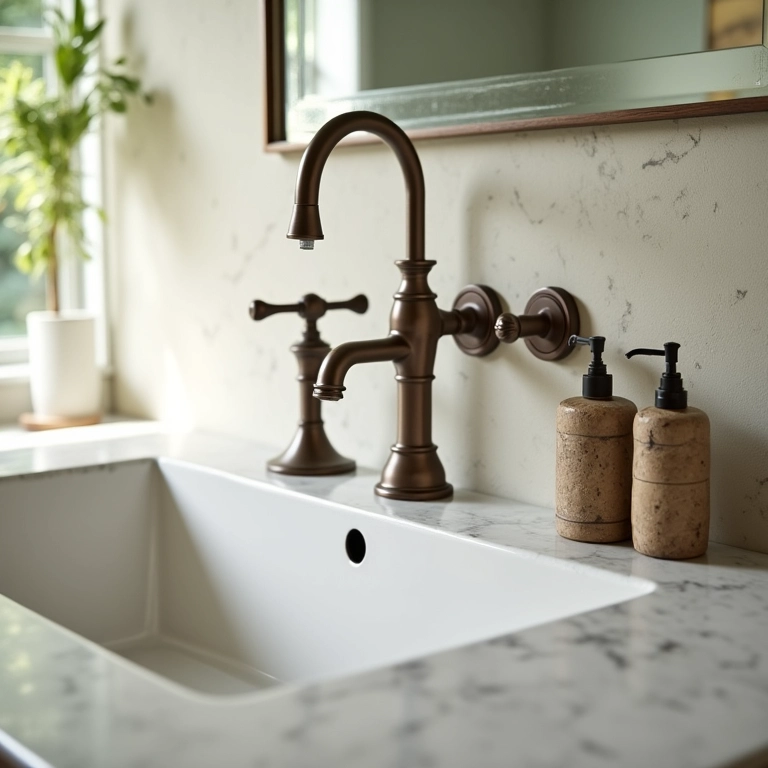 Banheiro rancho, torneira Deca elegante, luz natural, acabamentos refinados.