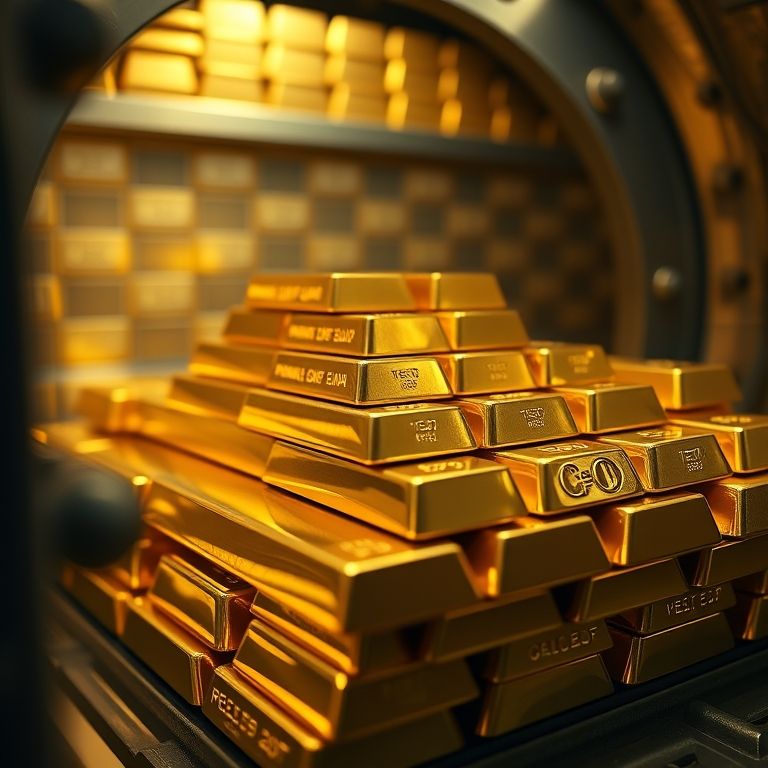 Barras de ouro empilhadas em um cofre, representando o papel do ouro nos bancos centrais.
