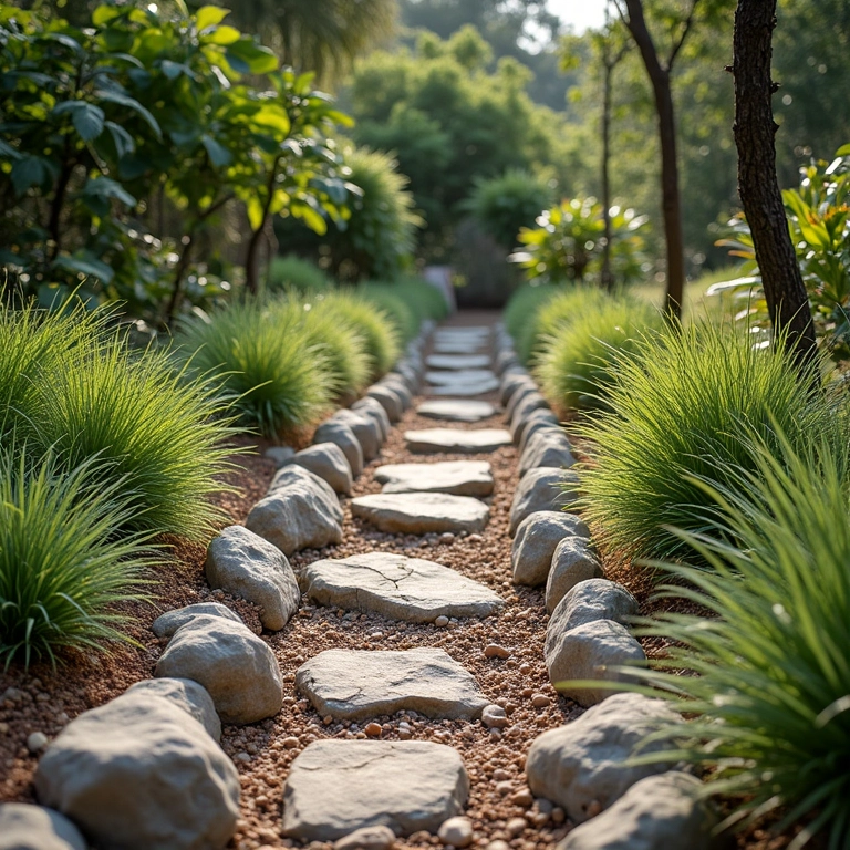 Barreiras físicas de pedras e madeira para controlar a erosão em um jardim.