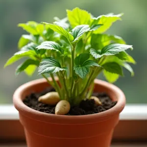 Batata Doce Em Vaso Colha Em Casa Sem Segredos Batata doce crescendo em vaso em varanda ensolarada.