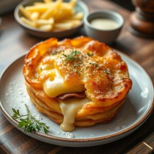 Batata suíça crocante recheada com queijo e presunto, pronta para ser saboreada.