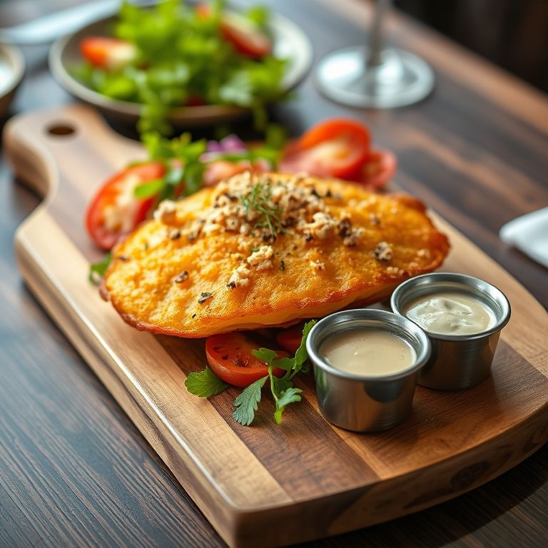 Batata suíça servida em uma tábua de madeira com salada e molho.