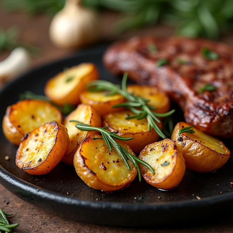 Batatas assadas com alecrim e alho ao lado de carne grelhada.