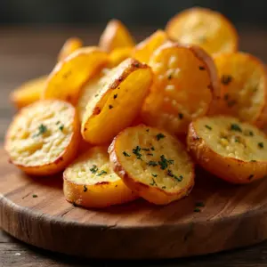 Batata Assada Crocante e Saborosa Para Acompanhar Carnes Batatas assadas crocantes e douradas em uma tábua de madeira rústica.