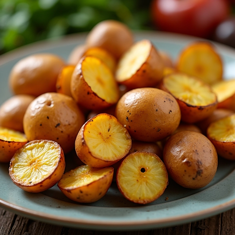 Batatas Baroa assadas, com toque adocicado, em prato elegante.