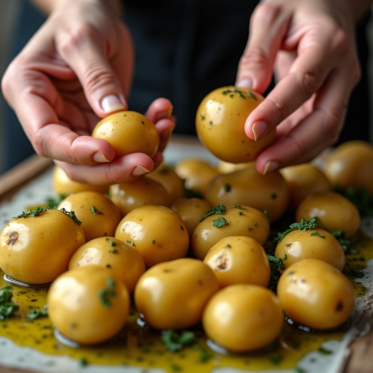 Batatas sendo temperadas com azeite e ervas antes de assar.