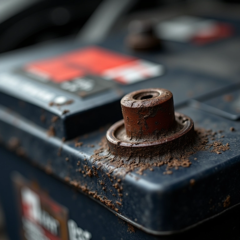 Bateria de carro descarregada ou com sinais de envelhecimento e corrosão.