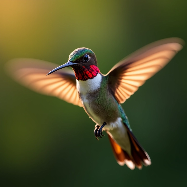 Beija-flor em voo com o coração batendo rapidamente.