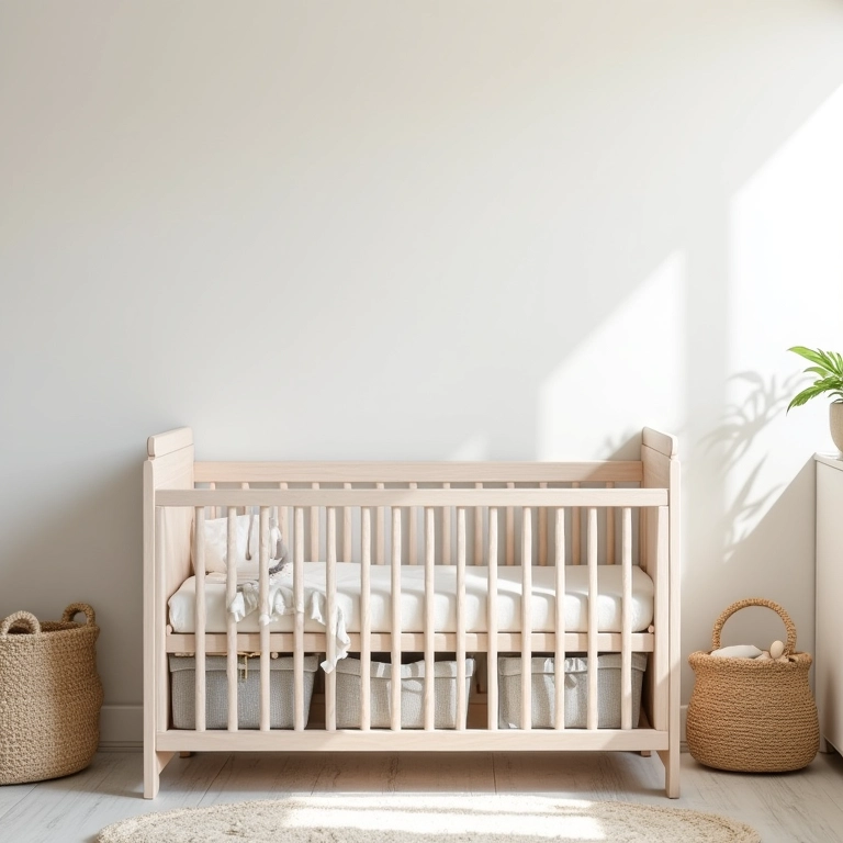 Berço multifuncional com trocador integrado em quarto de bebê neutro.