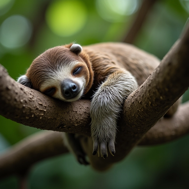 Bicho-preguiça dormindo tranquilamente em um galho.