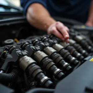 Bicos injetores sujos em motor de carro, foco no problema.