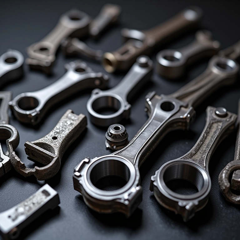 Bielas forjadas de diferentes fabricantes em close-up.