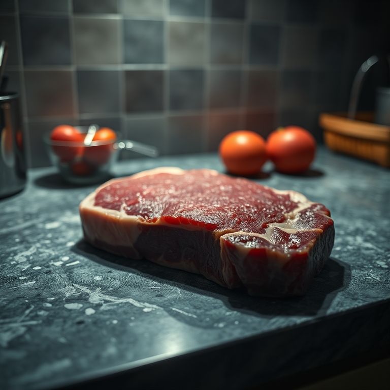 Bife cru descongelando em temperatura ambiente, perigo de bactérias.