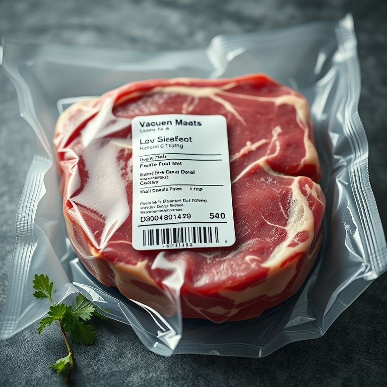 Bife embalado a vácuo com etiqueta detalhada, dicas de armazenamento.