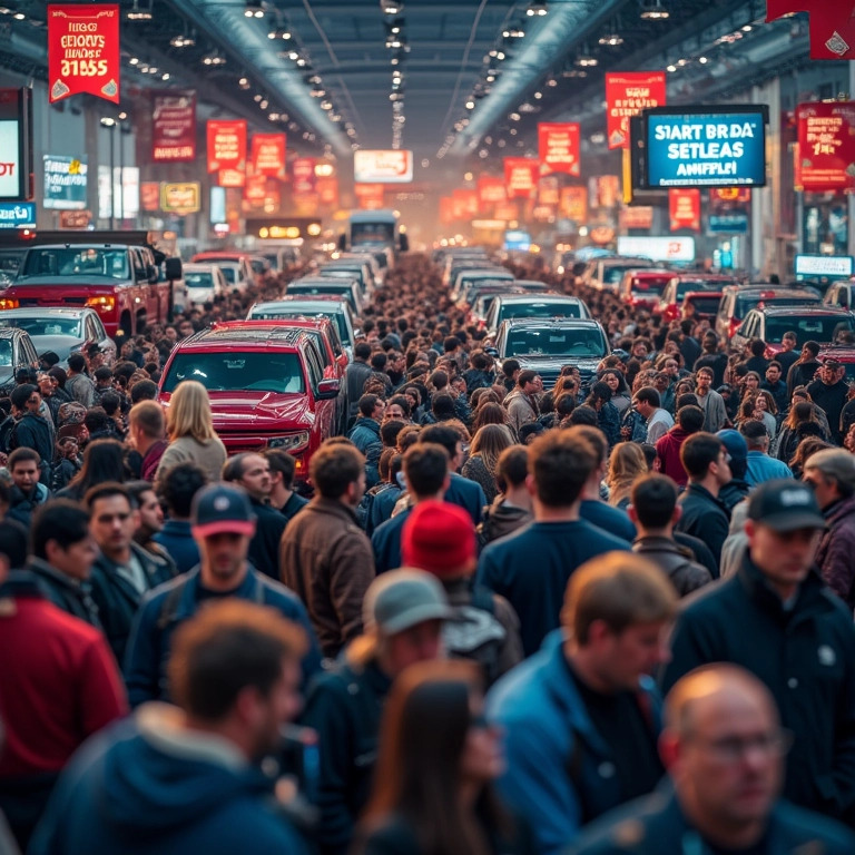 Black Friday automotiva com grande movimento de clientes na loja.