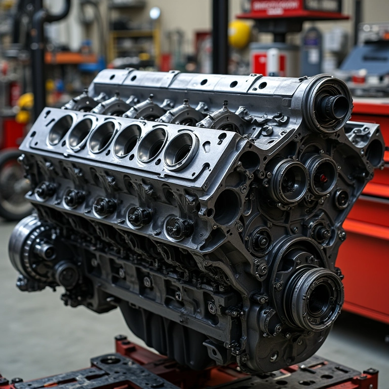 Bloco do motor totalmente desmontado com componentes reforçados.