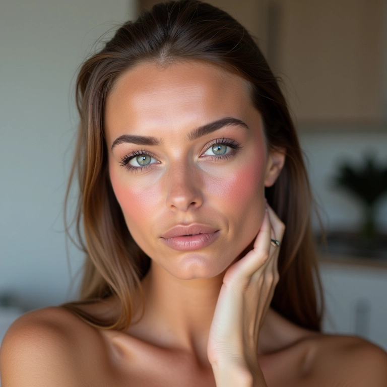 Blush marcado em harmonia com sobrancelhas finas.