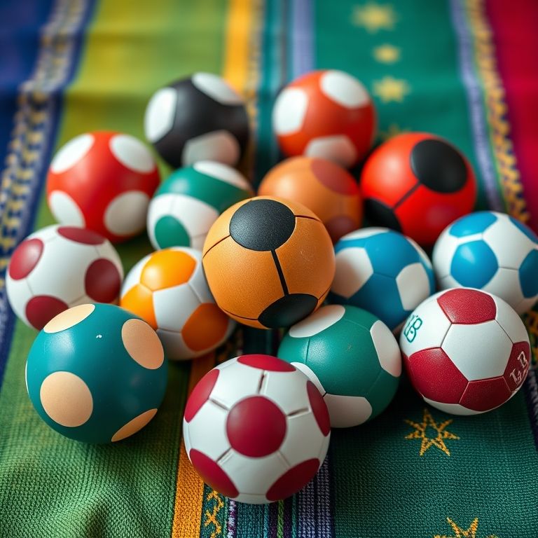 Bolas de malabarismo profissionais em um tecido colorido brasileiro.
