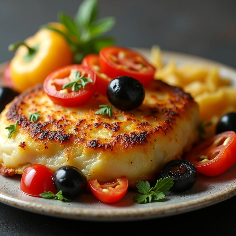 Bolinho de bacalhau assado com azeitonas e pimentão.