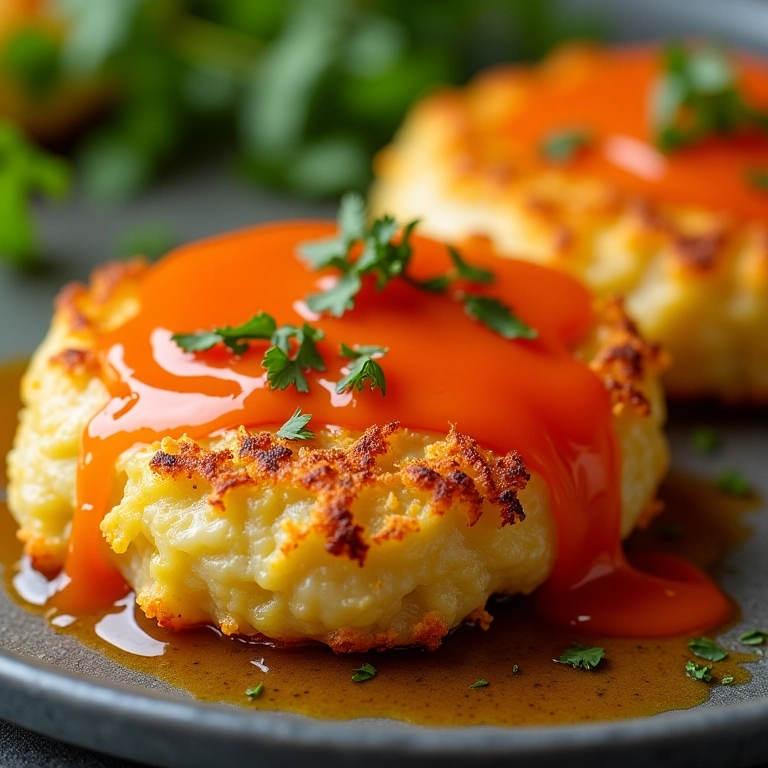 Bolinho de bacalhau com molho de pimenta agridoce.