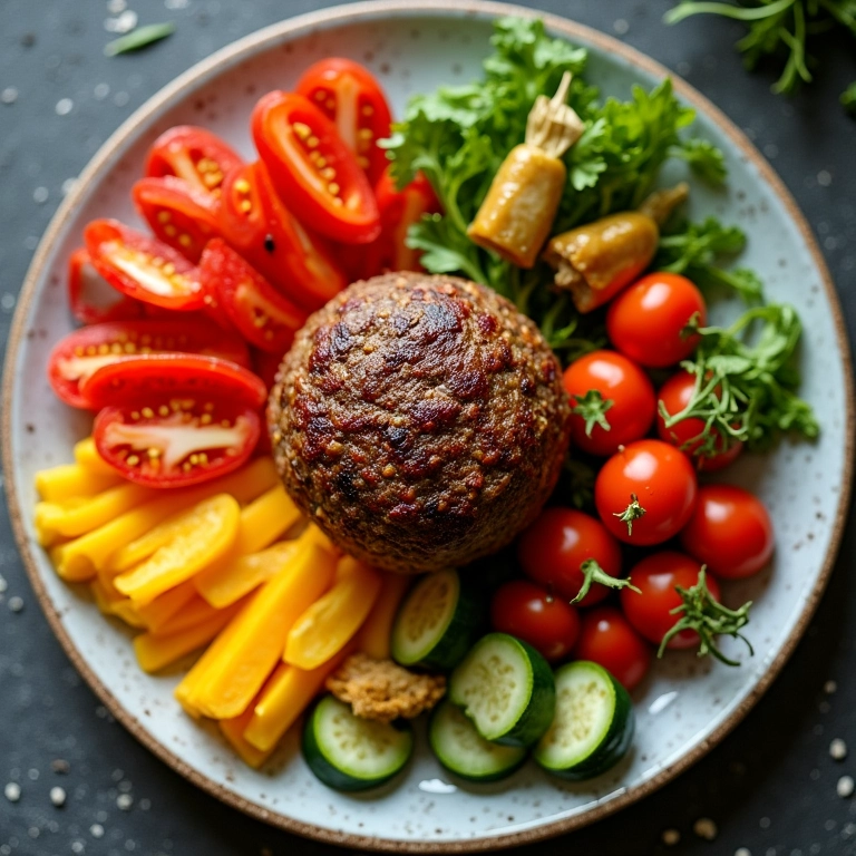 Bolinho de carne cercado por legumes frescos, mostrando seus benefícios.